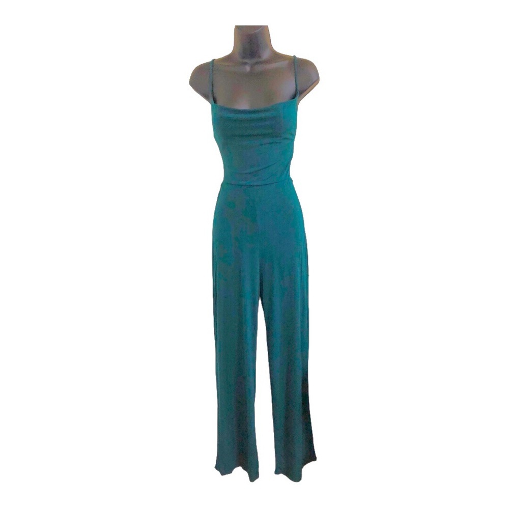Green cowlneck open back slinky fitted stretch back tie jumpsuit size medium new